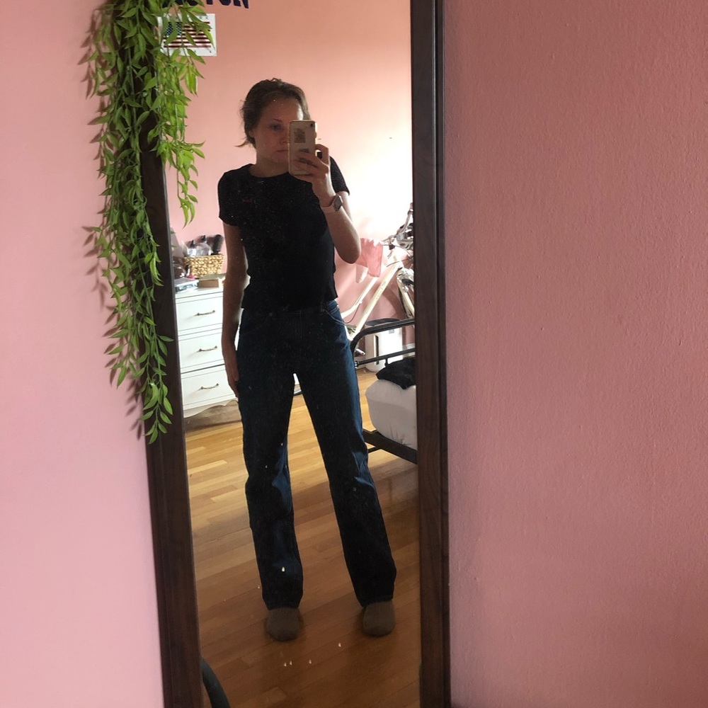 uniqlo dark wash high rise loose bootcut straight leg jeans